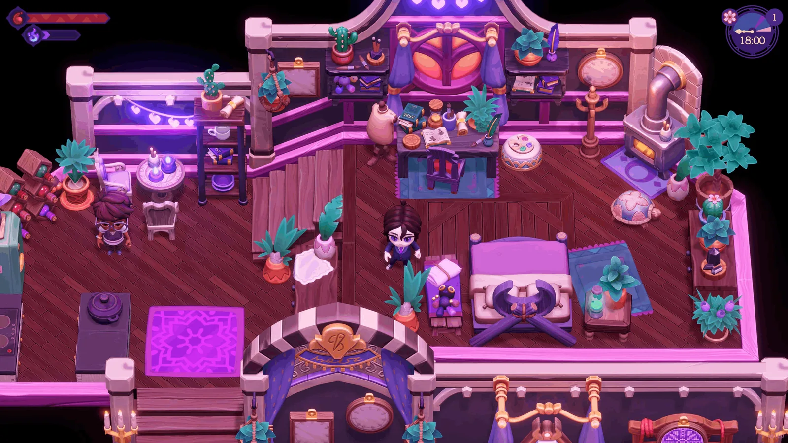 Moonlight Peaks character inside a decorated home at night